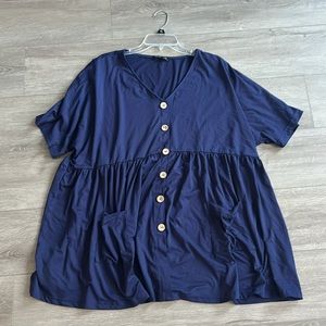Shein Curve 6 Button Plus Size Blouse Navy Blue 3XL Pockets